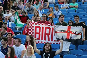 Prints of Sevilla FC fans during the pre-season friendly match between Brighton and Hove Albion and Sevilla FC at the American Express Community Stadium, Falmer, England on 2nd August 2015 Pre-Season Prints: Sevilla FC Fans in Action during Brighton and Hove Albion vs Sevilla FC Pre-season Friendly (02)