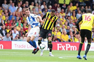 Watford Away 11AUG18 Collection: Stephens and Capoue Clash in Intense Watford vs. Brighton Premier League Match (11AUG18)