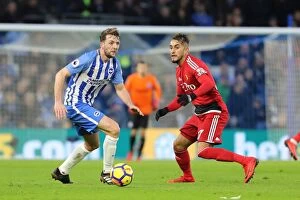 Images Dated 23rd December 2017: Stephens vs. Pereyra: Intense Midfield Battle at Brighton and Hove Albion vs. Watford (23DEC17)